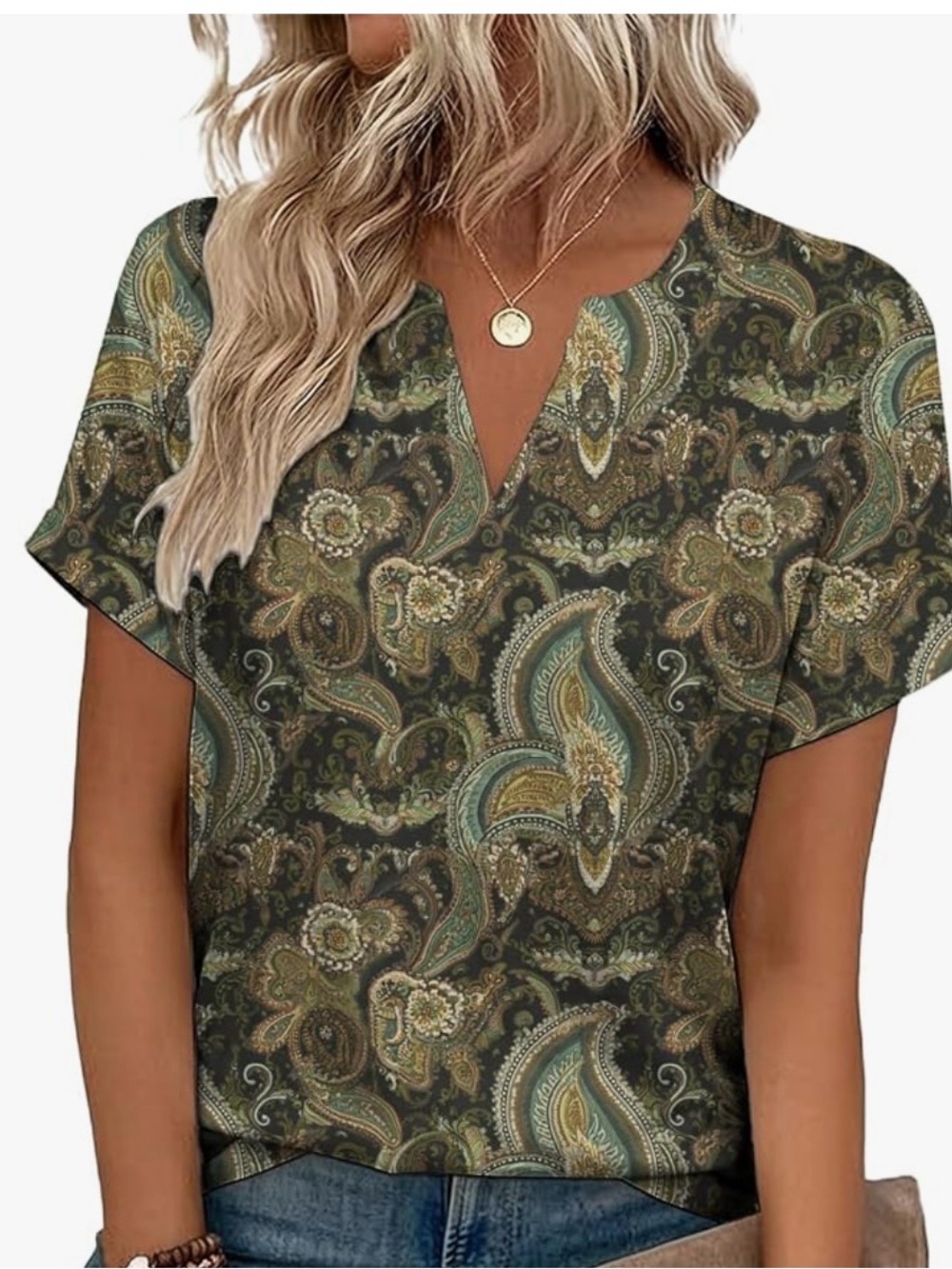 Paisley Split-Neck Women's Top in Olive Green